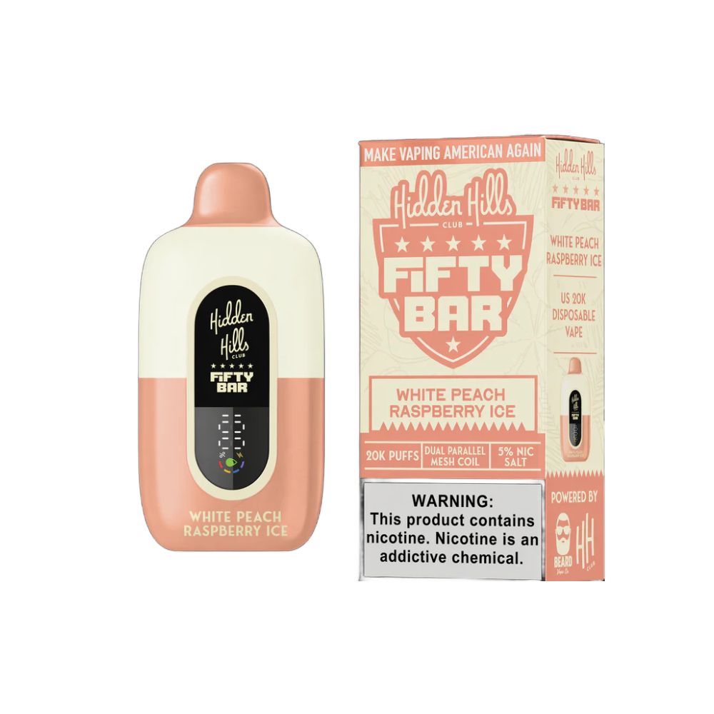 Fifty Bar x Hidden Hills 20k Disposable White Peach Raspberry Ice with packaging
